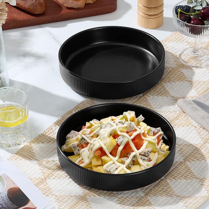 E-far Pasta Bowls Set of 4, 35oz Large Salad Bowl Plate for Dinner Serving Soup, Wide & Shallow Ceramic Stoneware Pasta Plates, Microwave & Dishwasher Safe, Reactive Glaze Texture-Stripe, Matte Black