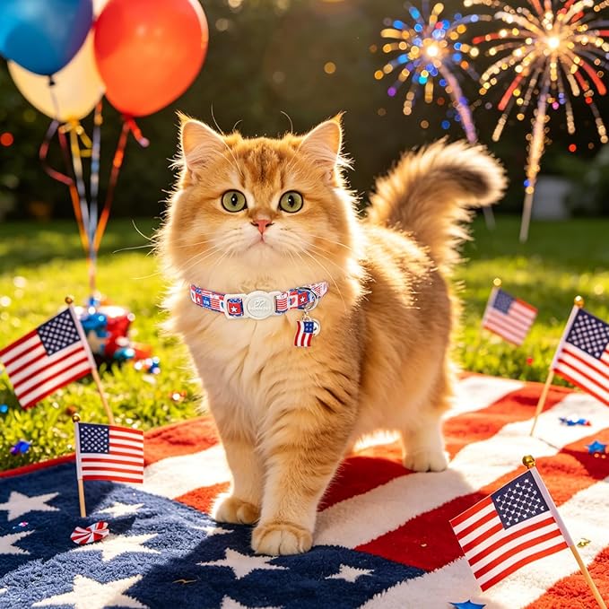 2 Pack 4th of July Cat Collars - Blue Retro Checkerboard Flag 1776 & Pink Patriotic Breakaway Cat Collars, Adjustable Soft Boy Girl Kitten Collar for Small Dogs Puppy with Bell & Pendant