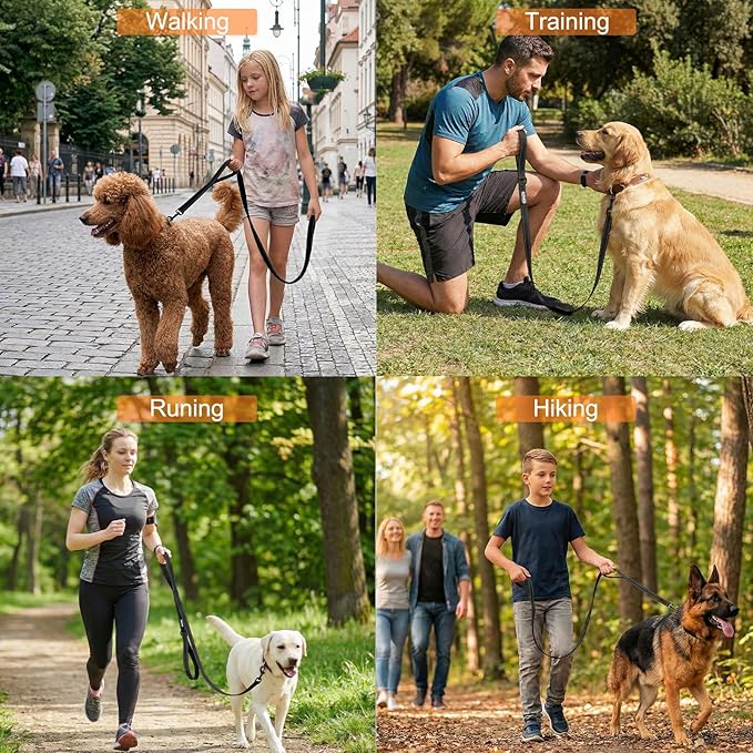 6 FT Heavy Duty Dog Leash with 2 Comfortable Padded Handles, Traffic Handle Extra Control, Highly Reflective Threads Leash for Small/Medium/Large Dogs (Black)