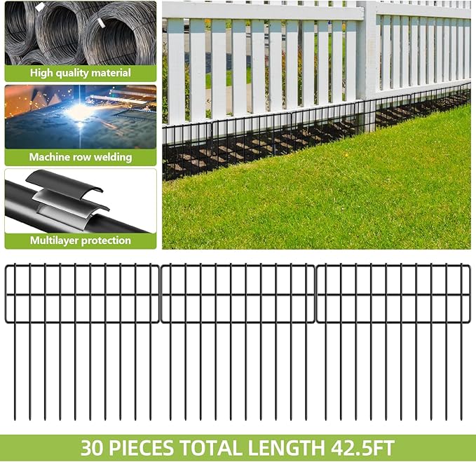 42.5ft(L) x 13in(H) Animal Barrier Fence, 30 Panels No Dig Fence, Garden Fence Barrier for Bottom, Rabbit Fence for Garden, Dog Fences Barrier, Rustproof Metal Fences Border for Outdoor