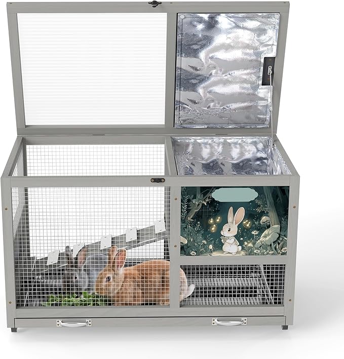 COZIWOW 36.5-Inch Double-Decker Wooden Insulated Rabbit Hutch with Wheels, Heated Rabbit Cage Featuring A Cleaning Tray and Ladder—Stylish&Easy to Assemble(Grey and Warm)