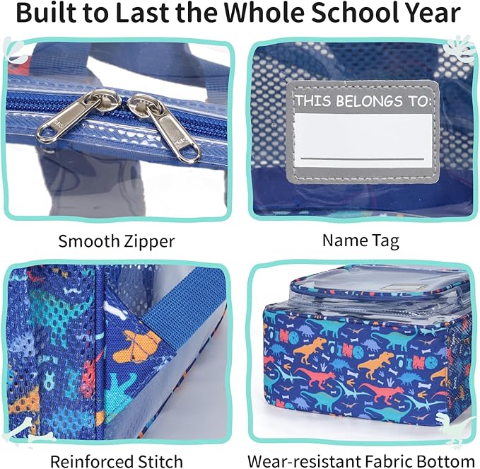 Clear Backpack for Boys, 15 Inch Heavy Duty Transparent Bookbag for Kindergarten to 2nd Grade, PVC See Through Daypack with Reflective Straps, Fits Standard Folders, Blue Dinosaur
