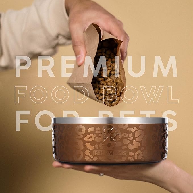 FAHRMOSIS 64 OZ Dog Bowl with Slow Feeder Insert Stainless Steel Pet Water Bowl for Medium & Large Breed Non Slip Rubber Base & Plastic Puzzle Feeder - Gold Leopard