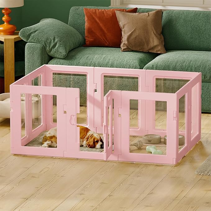 Clear Acrylic Dog Playpen Indoor, Puppy Cat Small Pet Play Pen, Easy Assemble & Disassemble Sturdy Plastic Dog Fence with Heavy Duty Door Lock (24In H, 10PCS), Pink