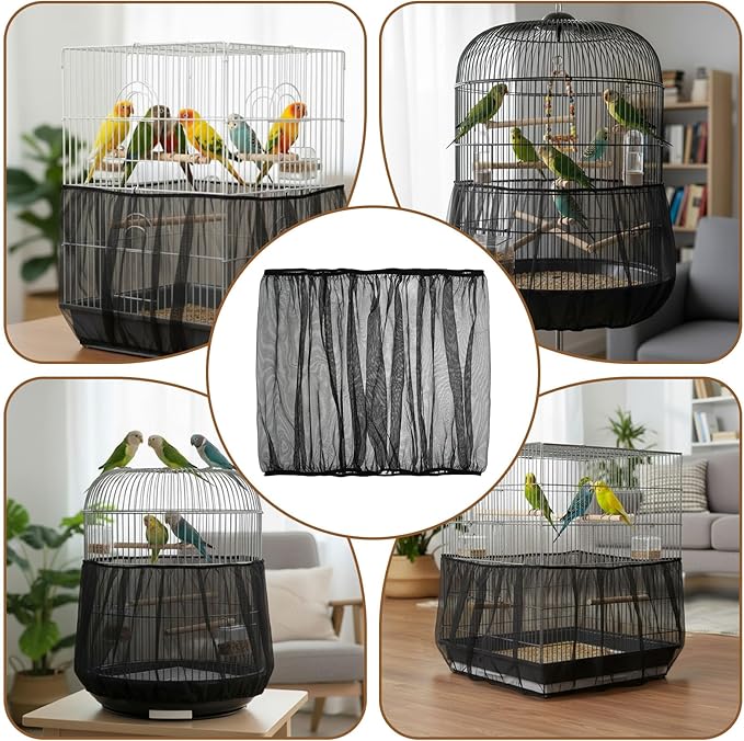 Bird Cage Net Seed Catcher Net Cover Black Adjustable Breathable Mesh Parrot Cage Skirt Guard for Parrot Cockatiel Budgie Fits Round Square Cages