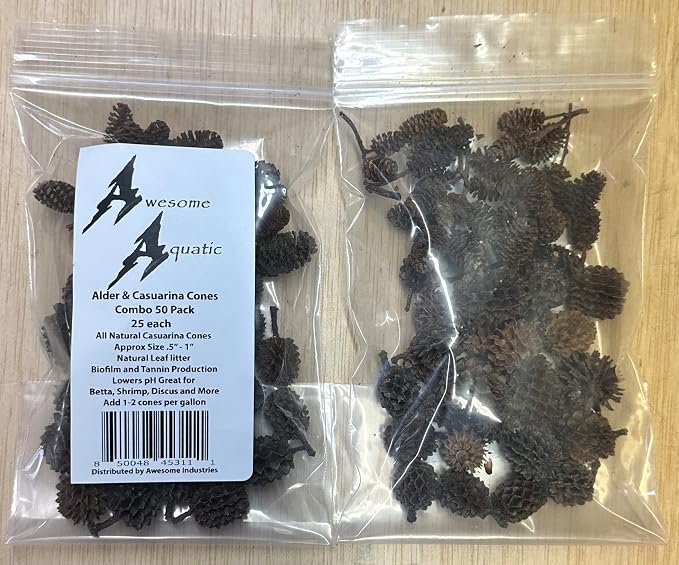 50 (25 ea) Alder & Casuarina Cone Mix, Blackwater Aquarium, Betta & Shrimp | Natural tannins Botanicals Softwater Leaf litter Shrimp habitat Biofilm surface Water enrichment Natural décor