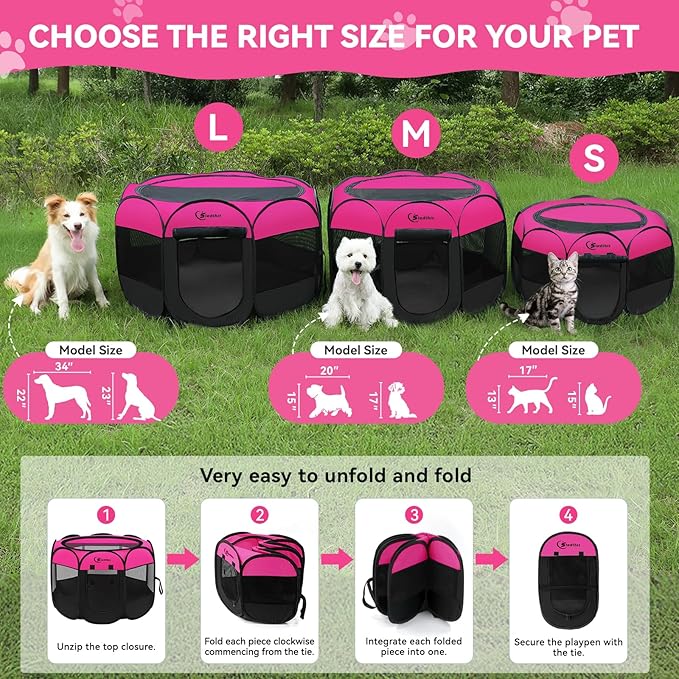 Siedihit Dog Cat Playpen, Large Puppy Pet Playpen, Dog Crate Tent Cage Indoor/Outdoor, Portable Pop Up Dogs Kennel Playpen with Carrying Case for Dogs/Cats/Rabbits, Hot Pink