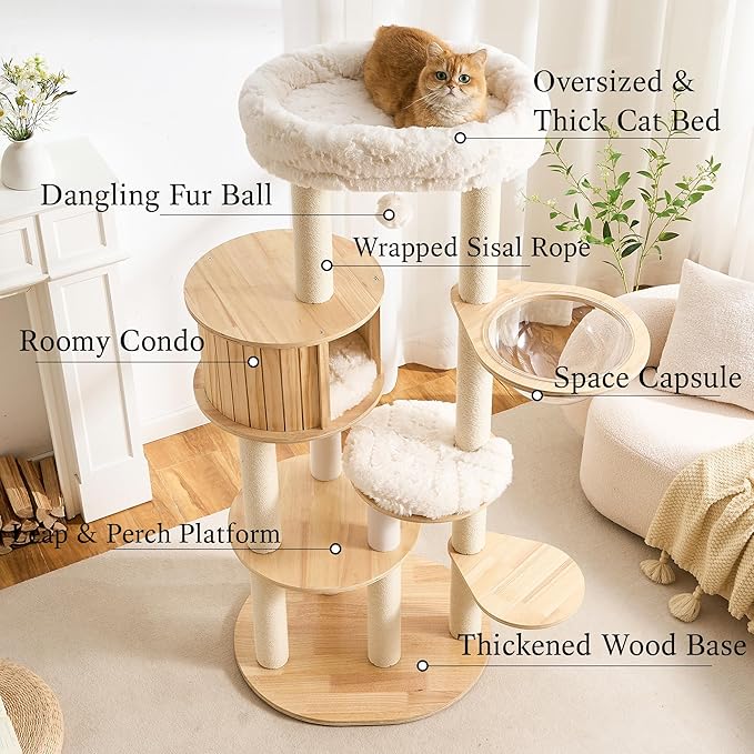797Audio Wood Modern Cat Tree, 65" Cat Tower with Sisal Scratching Posts, Cat Condo, Capsule and Bed, Solid Wooden Aesthetic Multi-Level Cat Climbing Tree for Large Adult Indoor Maine Coon Cats-White