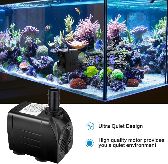 Jhua Water Fountain Pump 300GPH (1100L/H, 21W) Submersible Water Pump, Ultra Quiet Fountain Pumps Submersible Outdoor with 5.9ft Power Cord, 3 Nozzles for Aquarium, Tank, Pond, Statuary, Hydroponics
