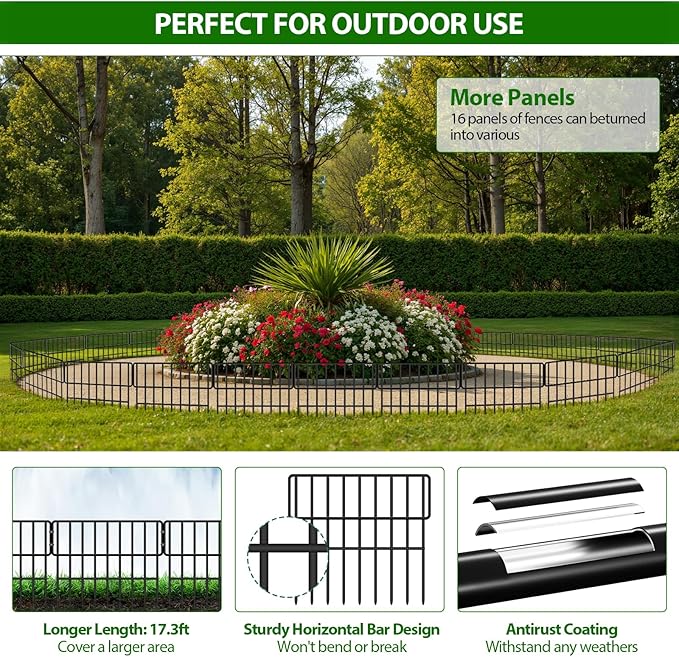 ULIOK Animal Barrier Fence, 16 Panels No Dig Fence 17.3ft(L) x12in(H), Garden Fences for Rabbits and Dog Ground Defense, Rustproof Metal Fences Border, Fencing Bottom Blocker for Outdoor Yard Patio