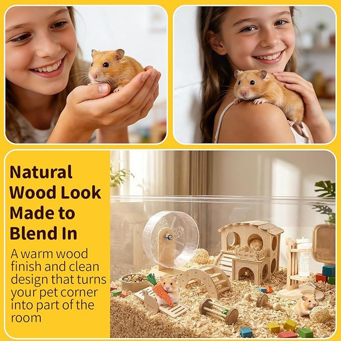 Hamster Cage Accessories Set ,Silent Exercise Wheel, Maze Wooden Hideout, Water Bottle with Holder, Chew Toys & Interactive Platform for Hamsters, Mice, Gerbils (All-in-One Habitat Enrichment Kit)