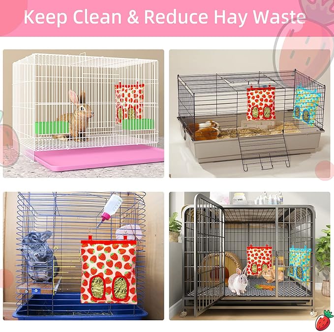 2Packs Large Rabbit Hay Feeder Bag, Upgraded Guinea Pig Hay Feeder with 3 Hooks, Chew Proof Washable Hay Bag for Rabbits Bunny Chinchilla Hamster, Mess Free Grass Holder 2 Holes, 9.8x11.4 Inch