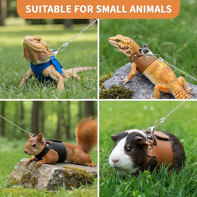 3 Pack Bearded Dragon Leash and Harness Set for Small Animals, 6.5FT Leash with 3 Sizes Adjustable Harness for Lizard Walking Adventure, Soft Vest Clothes for Squirrel Reptile Lovers -Brown