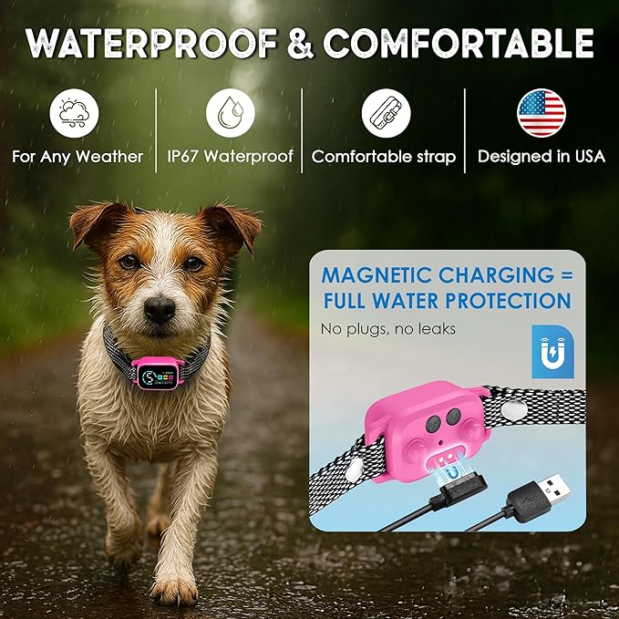 Bark Collar for Small Dogs 8-40 Ibs - No Shock Anti Barking Collar with Al Chip - 3 Modes & 5 Sensitivity Levels - Waterproof, Rechargeable, Magnetic Charging - Humane, Effective Training (Pink)