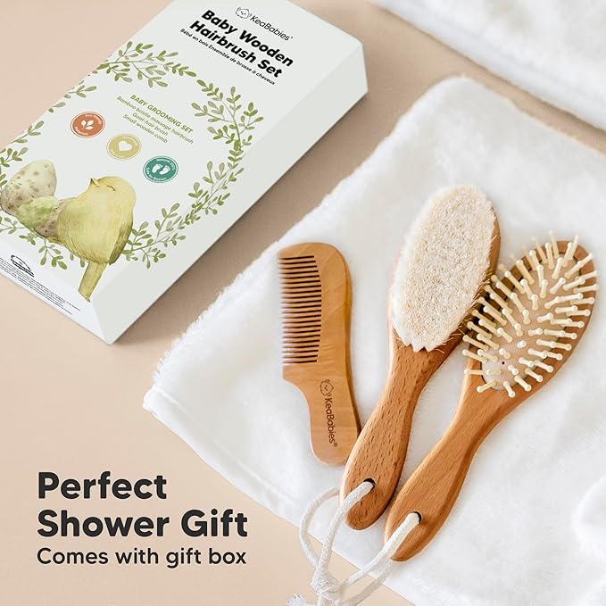 Baby Hair Brush Set for Newborns - Soft Goat Bristle Wooden Baby Brush and Comb Set Newborn Grooming Kit for Cradle Cap, Durable & Gentle, Boy, Girl Infant Essentials Care Kit (Regular, Golden Oak)
