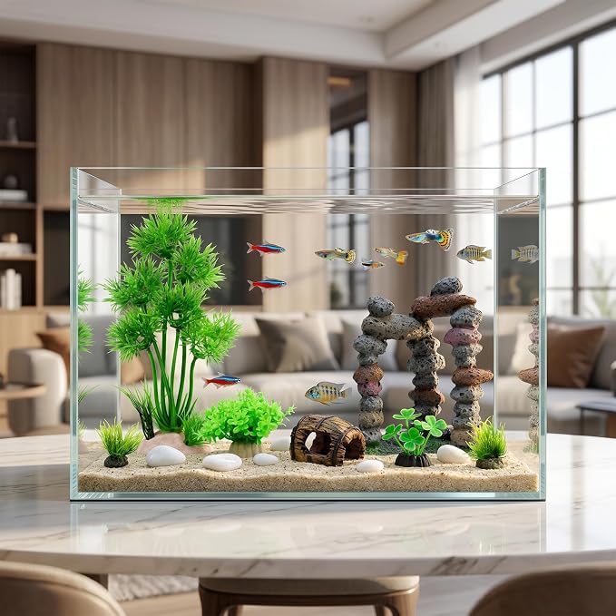 Fish Tank Decorations Artificial Small Resin Hideout Cave Plants | Resin hideout cave for fish tank decor, 6pcs aquarium decoration with lifelike plants, reduce stress for small tropical fish