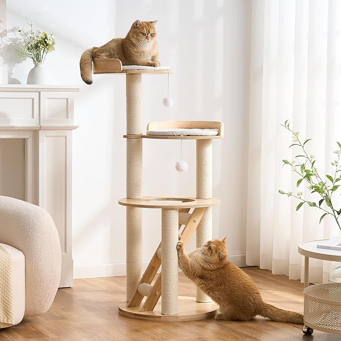 797Audio Morden Solid Wood Cat Tree Tower, 49" Tall Cat Tree with Sisal Scratching Posts and Ladder for Adult Cats, Natural Oak Wooden Cat Tower, Aesthetic Multi-Level Cat Climbing Tree for Indoor Cat