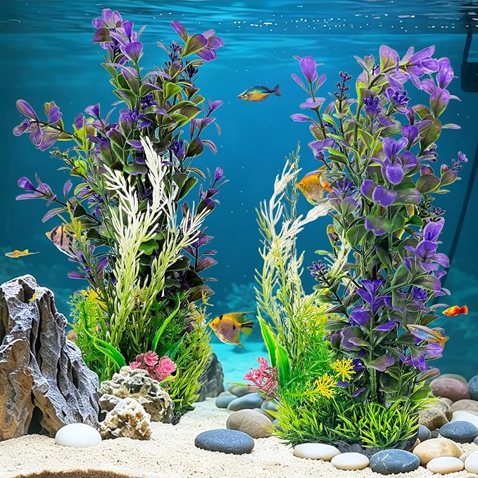 kathson 2Pcs Plastic Aquarium Plants 12.6 Inch Artificial Fish Tank Plants Large Aquarium Decorations Fake Seaweed Tall Fish Tank Decorations (Purple)