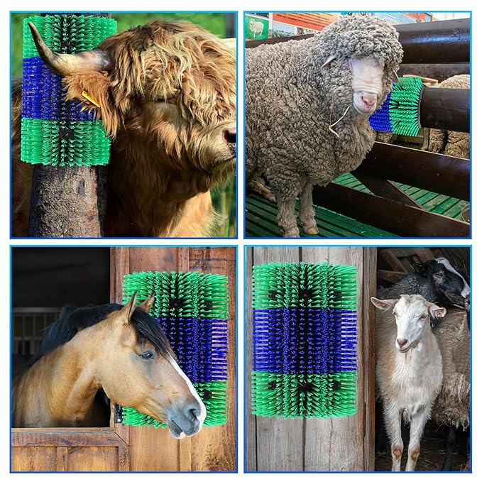 Extra Large Size Livestock Scratching Brush, Upgraded Horse/Goat/Cow/Cattle Scratcher Brush for Grooming, Itch Relief Horse Scratcher Brushes Kit with Two Sets of Mounting Screws(4-Pack,Green)