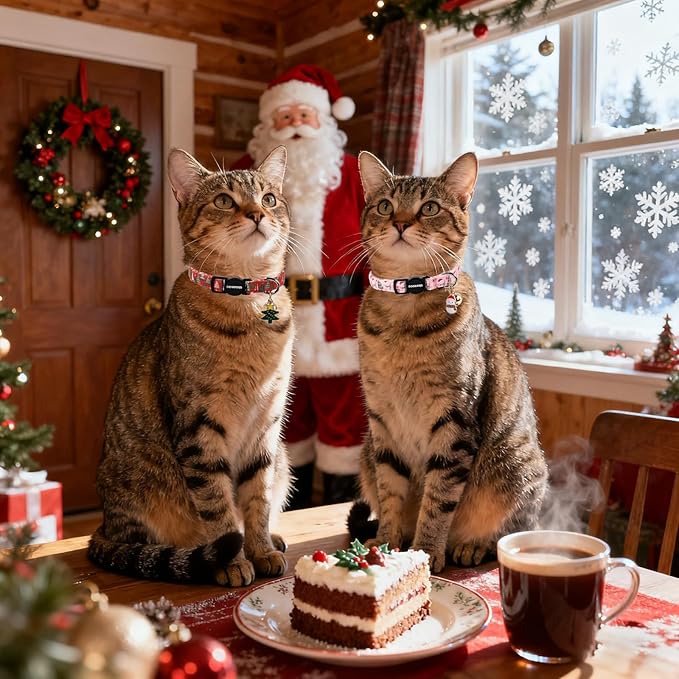 2 Pack Christmas Cat Collars Breakaway with Bell, DOGWONG Safety Buckle Christmas Snowman Cute Cat Collar for Girl Boy Cats,Adjustable 7-12 Inch