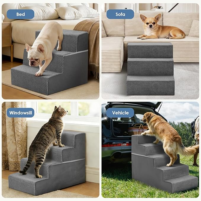 DUMOS Dog Stairs for Small and Medium Dogs, 4-Step Pet Steps with High-Density Foam, Indoor Non-Slip Pet Ramp for Puppy and Older Dogs Cats, Dog Bed Stairs for Couch and Sofa, Grey