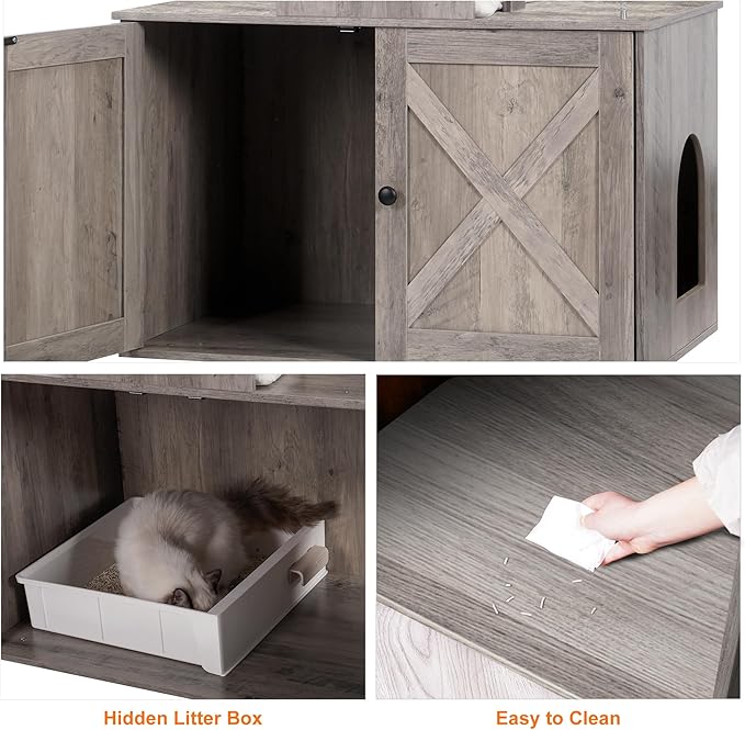 Heybly Cat Tree with Litter Box Enclosure for Indoor Big Cat, Cat Tower for Large Cats 20lbs Heavy Duty, Modern Cat Condo Furniture with Scratching Posts, Rustic Gray HCT110SG