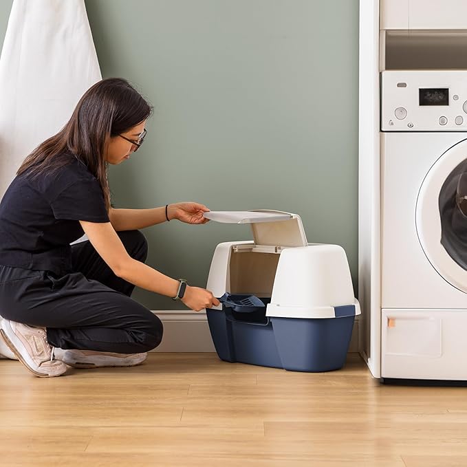 IRIS USA Cat Litter Box - Enclosed Corner Litter Box with Scoop, Hooded Litter Tray for Corners, Space-Saving Covered Litter Box, Odor Defensive, Navy/White
