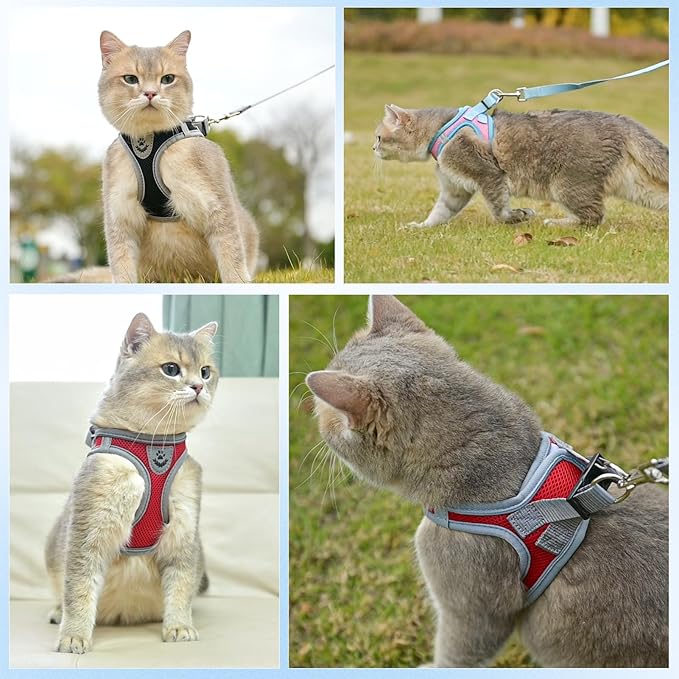 SCENEREAL Cat Harness and Leash Set Escape Proof, Adjustable Soft Air Mesh Kitten Harnesses for Girls Boys Small Medium Big Cats, Reflective Light Travel Pet Walking Vest for Puppy Rabbit, Red S