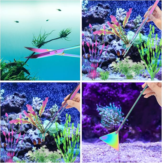 15" Aquarium Aquascape Tools Kit 4P Stainless Steel Aquascaping Set | 4in1 Extra Long Full Metal Design, Scissors, 2P Tweezers And Sand Spatula, For Trimming Plants, Arranging Sand And Aquascape
