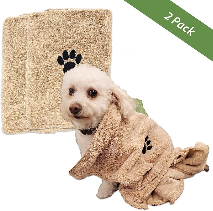 Zelica Dog Bath Drying Towels | Super Absorbent Shower Towels for Small Pet Dogs | Cute Light Brown Dog Towel | 34” x 25” (2 Pack)