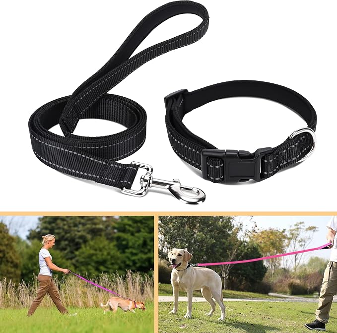 Soft Neoprene Padded Dog Collar and Leash Set for Small Medium Large Dogs, Reflective Durable Nylon Dog Collar with 5ft Leash Easy for Walking, Black,Neck fit 10.5-15.5’’