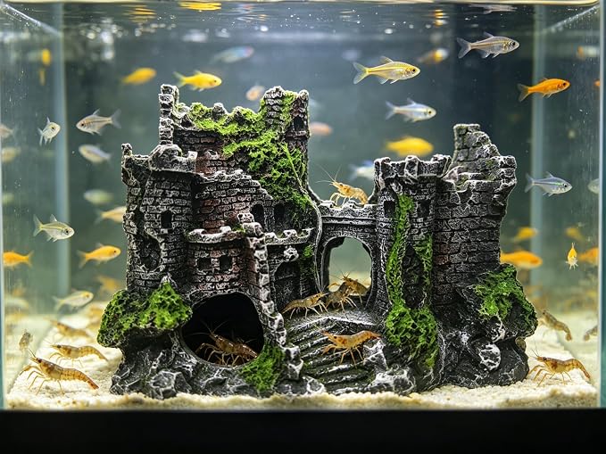 Aquarium Castle Bubbler Decorations, Resin Fish Tank Accessories with Air Bubbler, Fish Tank Cave Hideout for Betta & Small Fish, Aquarium Decor with Air Holes,(Air Pump is Not Include)