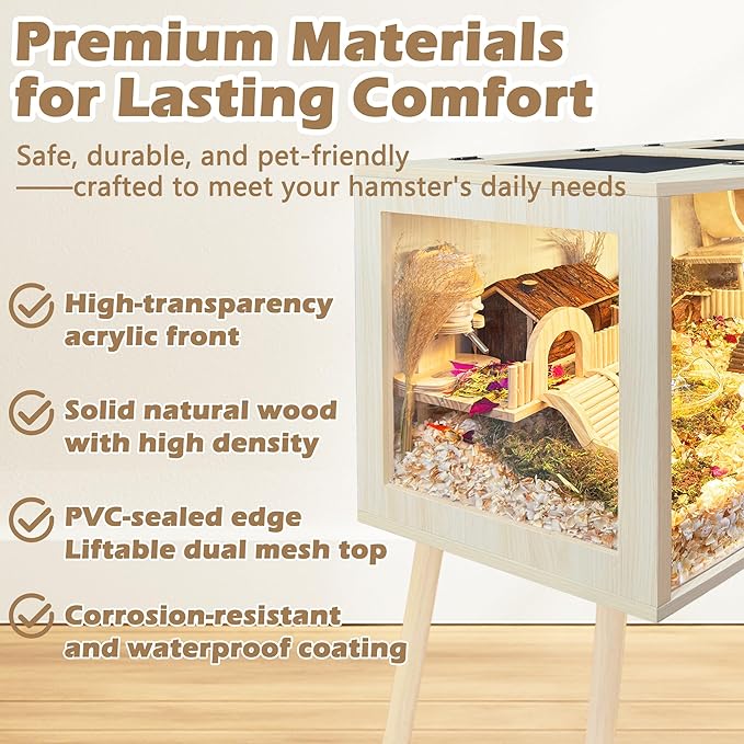 PROLEE Hamster Cage with Curved Design, Chew Proof Wooden Hamsters Enclosure with Leg Stand and Openable Top for Gerbils, Hamster Habitat (48"x20"x20")
