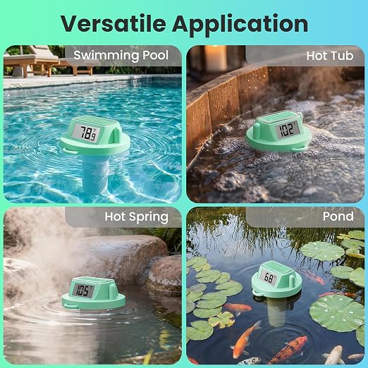 Pool Thermometer Floating, Digital Swimming Pool Thermometer, IPX8 Waterproof with Double Sided Display for Pond, Hot Tub, Aquarium (Green, Battery Powered)