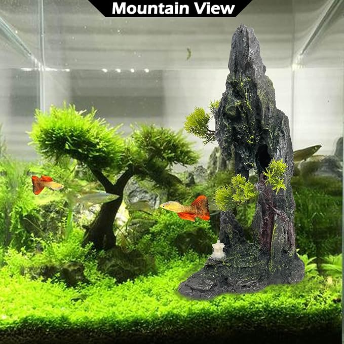 Large and Tall Aquarium Mountain View Stone Decorations | Aquarium Ornament Rock Cave Landscape Artificial Mountain View Fish Tank Caves for Betta Hiding Reptile Aquarium Supply