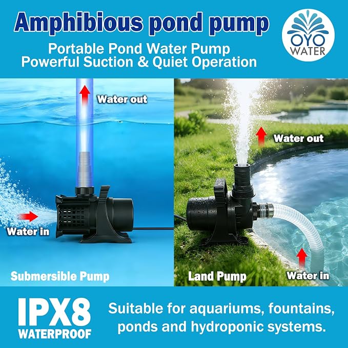 Pond Pump, 8000 GPH Adjustable Flow Submersible Water Pump with Filter Bag, UL-Listed, Copper Motor, IPX8 Waterproof 20.3ft Cord for Koi Pond, Fountain, Waterfall, Hydroponics, Irrigation