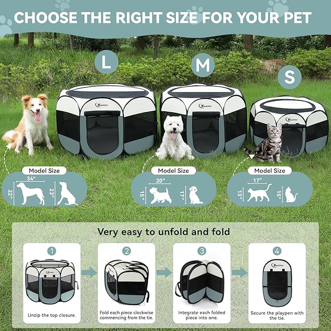 Siedihit Dog Playpen, Puppy Pet Playpen, Medium Dogs Tent Crates Cage Indoor/Outdoor, Portable Pop Up Dog Kennel Playpen with Carrying Case for Dogs/Cats/Rabbits, Removable Zipper Top, Grey