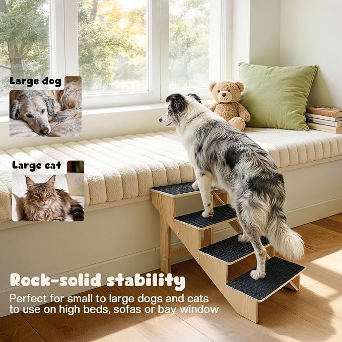 4-Step Dog Stairs for Large Dogs, Solid Wooden Dog Steps for Beds/Couch with Carpet, 24 Inches Anti-Slip Pet Stairs for High Beds, Ramp for Older/Senior Dogs, Pet Bed Stairs to Get on Bed/Sofa