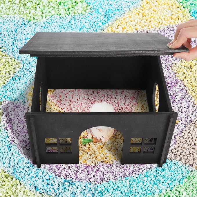 Wooden Hamster Hideout, Guinea Pig House with Soft Mat Windows, Detachable Small Pets Woodland House Decor for Chinchilla Mice Gerbils Mouse Dwarf