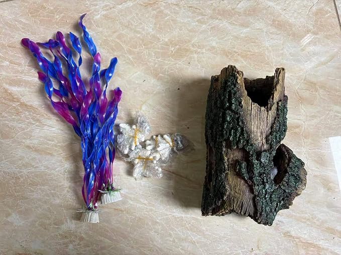 Decorative Aquarium Tree Stump Hideout, Green and Brown, Resin Fish Tank Ornament, Cave Shelter for Fish (L)
