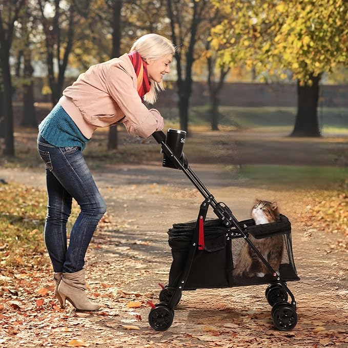 Foldable Pet Stroller for Small/Medium Pets up to 22 lbs - Lightweight 4-Wheel Design with Sun Canopy, Storage Bag & Breathable Mesh(Black