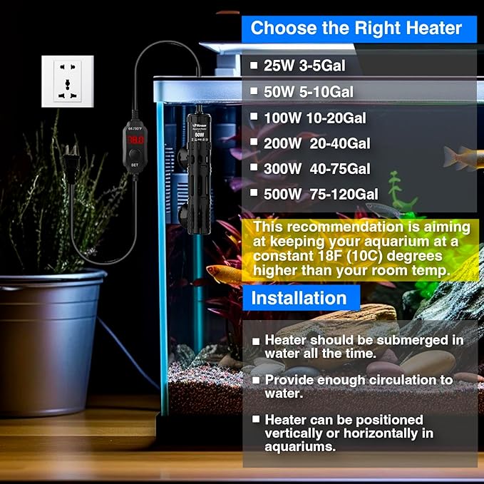 Aquarium Heater 50W, Submersible Fish Tank Heater with LED Digital Display, Auto Power-Off When Leaving Water & High Temp Protection, for Fresh and Salt Water Tanks 5-10 Gal