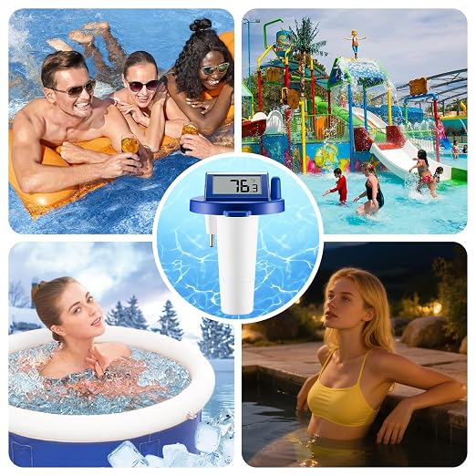 Solar Wireless Floating Pool Thermometer - Upgraded IPX8 Waterproof Easy Read Digital Thermometer with Time, Indoor Temperature & Humidity Monitor for Swimming Pools, Spas, Hot Tubs (Dark Blue 1pack)