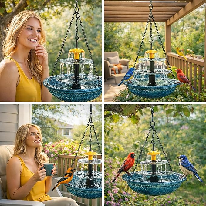 Solar Powered Hanging Bird Bath, Vibrant Blue Multi-Tier Waterfall Fountain for Outside, Easy to Hang Bird Oasis for Garden Decoration, Balcony, for Bird Lovers (Pink)