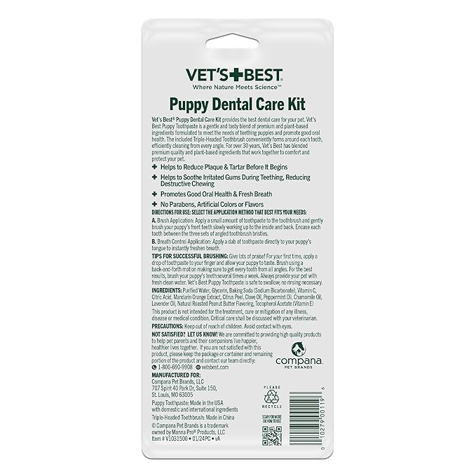 Vet's Best Dog Toothpaste & Toothbrush Kit for Puppies – Puppy Essentials – Dog Toothbrush & Toothpaste for Young Dogs- Perfect for Puppy Teething, Freshens Breath - Peanut Butter Flavor, 3.5 oz