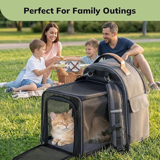 Morpilot Expandable Cat Carrier Backpack for Small Dogs & Cats Up to 25lbs, Breathable Mesh Pet Travel Backpack with Safety Leash, Foldable Airline Approved Carrier for Hiking Camping Outdoor, Grey