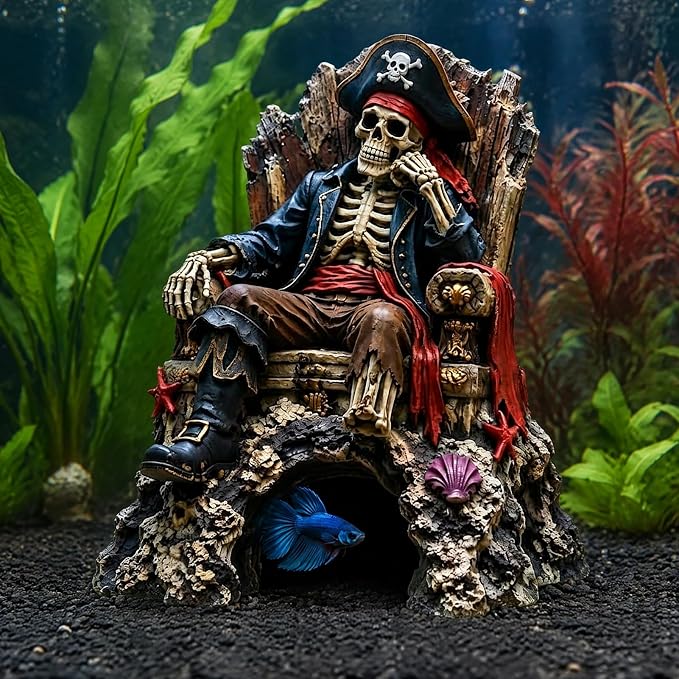 Pirate Skeleton Throne Aquarium Ornament Resin Fish Tank Hideout Cave for Small Fish Realistic Skull King Castle Decor 15cm Gothic Gothic Statues Freshwater Saltwater B