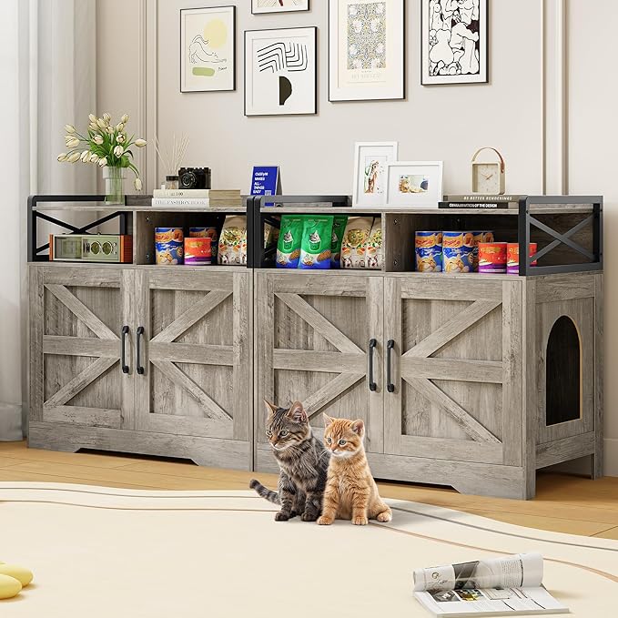 OtterOasis Cat Litter Box Enclosure, Ultra-Large Hidden Litter Box Furniture with Top Opening, Anti-Tipping Fence and 2 Open Drawers, Litter Box Cabinet End Table, Grey