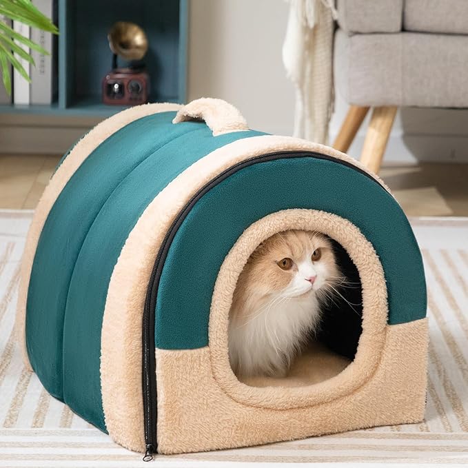 Hollypet Cat Bed Self-Warming 2 in 1 Foldable Kitty Cave Hut House Nest Pet Sleeping Bed, Crystal Velvet Pet Condo for Indoor Cats, Green Arched Cave