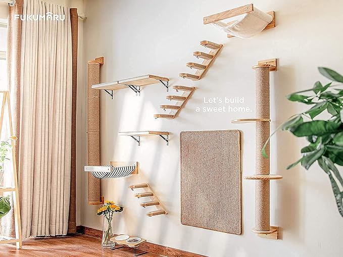 FUKUMARU Cat Activity Tree with Scratching Posts, Wall Mounted Jute Scratcher Pine Hammock